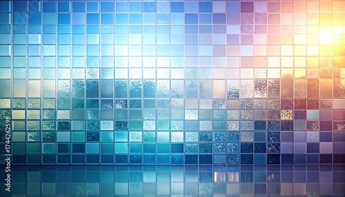 Abstract geometric background of blue and green pixelated squares with a bright, dynamic glow.	