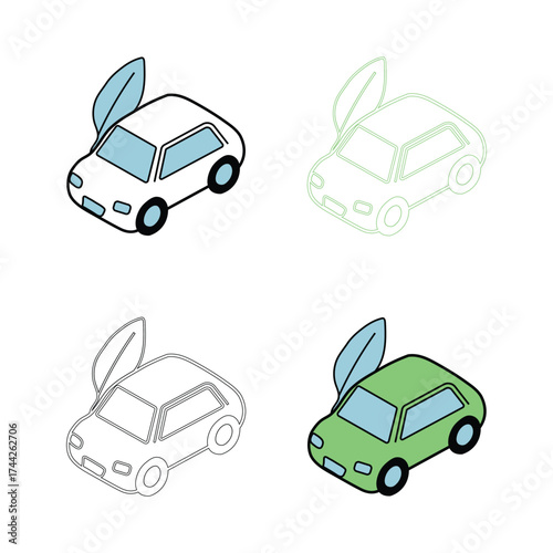Four isometric icons of a car with a leaf symbolizing eco friendly transportation and green energy
