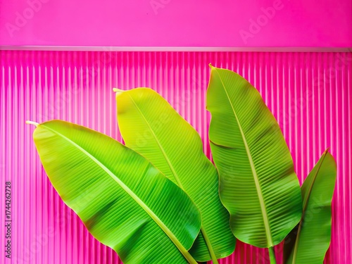 Green palm with reeded glass. White Reeded Glass. Beautiful tree decor on blurred template. Ribbed Background. Pure abstract design on empty background for clean modern look. Plant leaves.