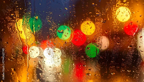 Abstract bokeh background of colorful holiday lights seen through a rainy window, creating a muted festive mood.	