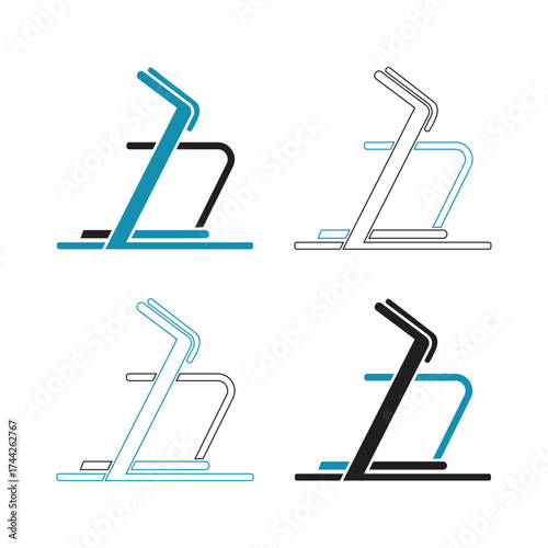 Four stylized illustrations of a modern treadmill in different color variations on a white background