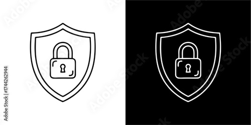 Outline illustration of a shield containing a padlock, displayed on both white and black backgrounds.
