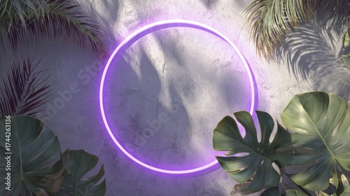 Tropical Plants Framing a Luminous Purple Ring on Concrete Wall