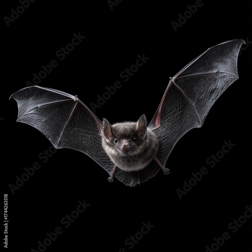 Detailed bat with textured wings spread wide realistic fur and features halloween creature elegant black white background isolated