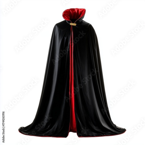 Premium black velvet cape with red satin lining and gold clasp halloween vampire elegant costume white background isolated