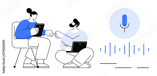 Two colleagues using tablets and laptops engage in discussion with a microphone and sound wave graphics. Ideal for teamwork, communication, technology, innovation, data analysis, remote work, simple