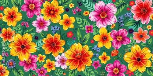 Vibrant hand-drawn summer floral pattern with colorful flowers and plants for textile, fabric, and banners, whimsical, botanical
