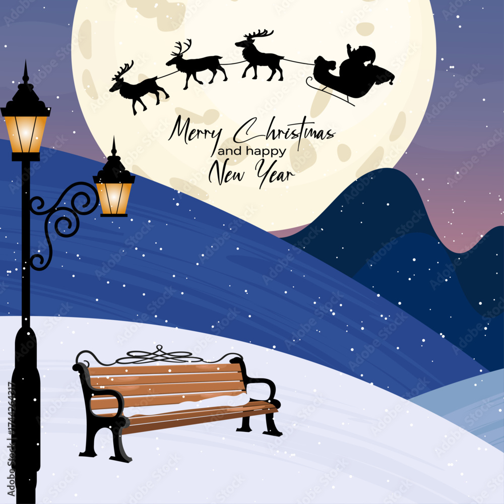 Naklejka premium Beautiful Christmas silhouette illustration of Santa Claus flying in his sleigh with reindeer across a large glowing moon above a big city skyline. Magical winter night scene wonder of Christmas Eve