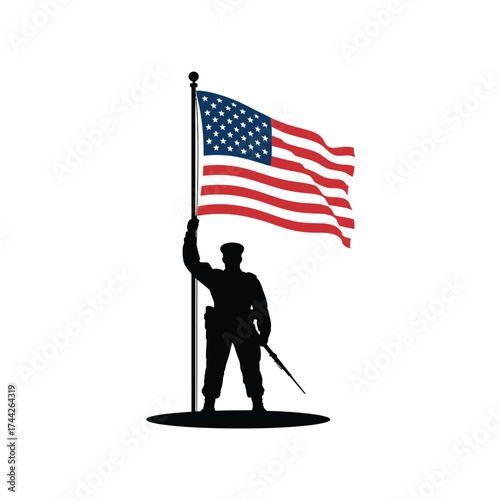 Soldier holding american flag silhouette