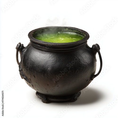 Antique cast iron cauldron with bubbling green potion smoke wisps rising halloween witch brew elegant white background isolated