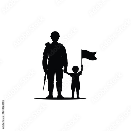 Soldier holding hands with child waving flag silhouette