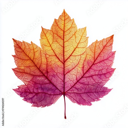 Beautiful autumn leaf with gradient burgundy to gold colors detailed veins halloween fall foliage elegant white background