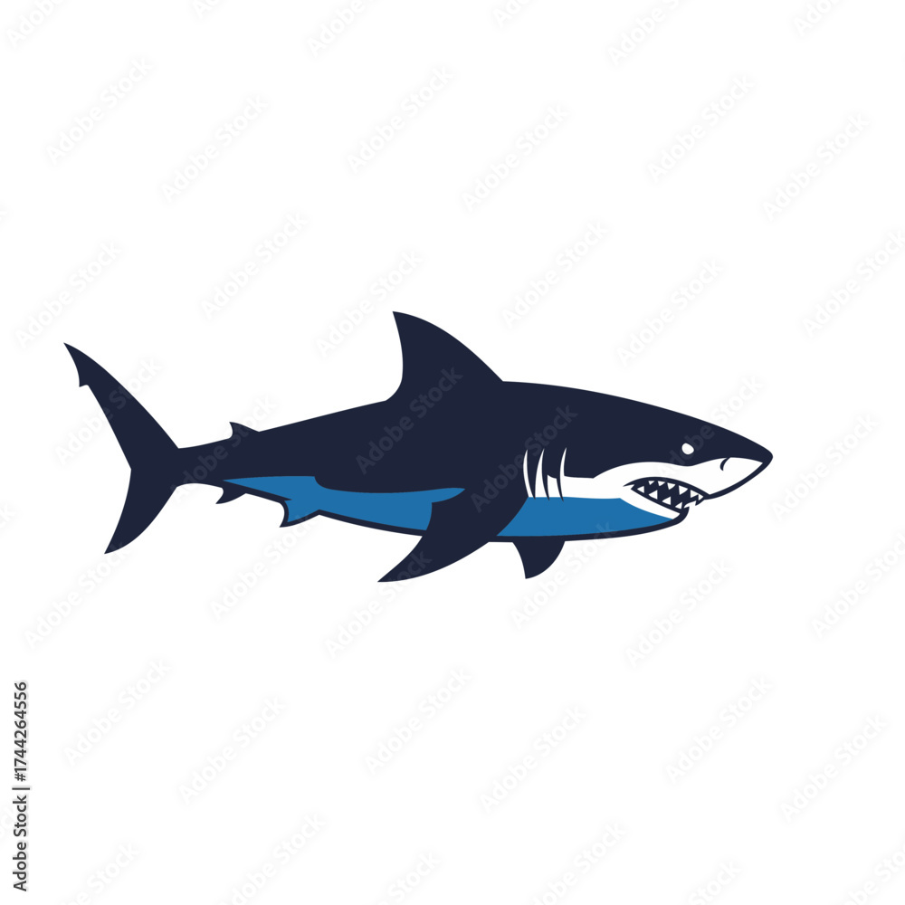 Obraz premium Dynamic Great White Shark Vector Illustration in Flat Design Style with Navy Blue and Aqua Accents