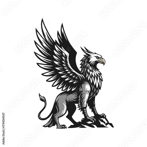 Powerful Grayscale Griffin Vector Illustration in Heraldic Style