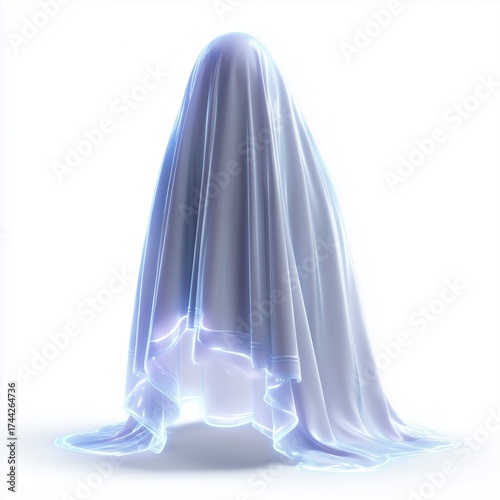 Elegant flowing ghost with luminescent aura and soft glowing edges ethereal halloween spirit sophisticated white backdrop