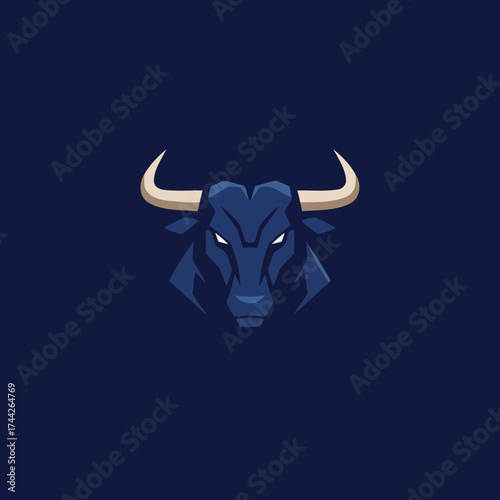 Fierce Geometric Bull Head Vector Illustration in Navy Blue with Glowing Eyes