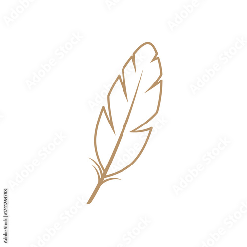 Elegant Minimalist Beige Outline Feather Vector Illustration on White Background