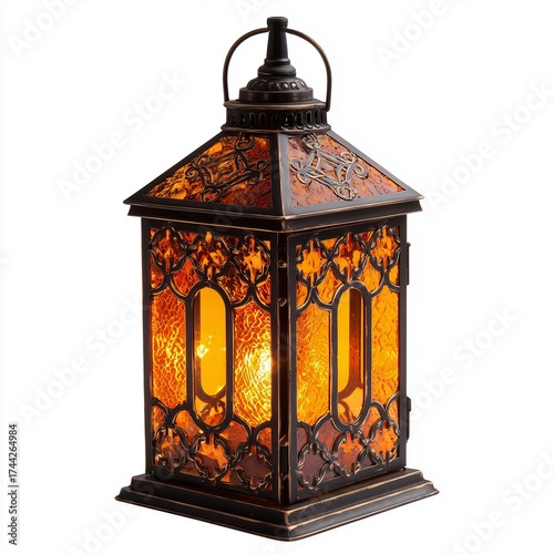 Victorian lantern with stained glass panels warm amber glow inside halloween lighting elegant metal frame white isolation