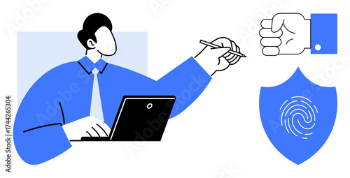 Person using a laptop and holding a pen, fist icon symbolizing strength, shield with fingerprint. Ideal for cybersecurity, data protection, identity, privacy, authentication, trust innovation