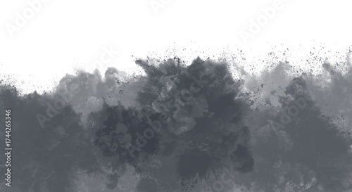 Abstract gray watercolor background texture isolated on transparent background, artistic dark grey paint stain illustration for card, banner, template