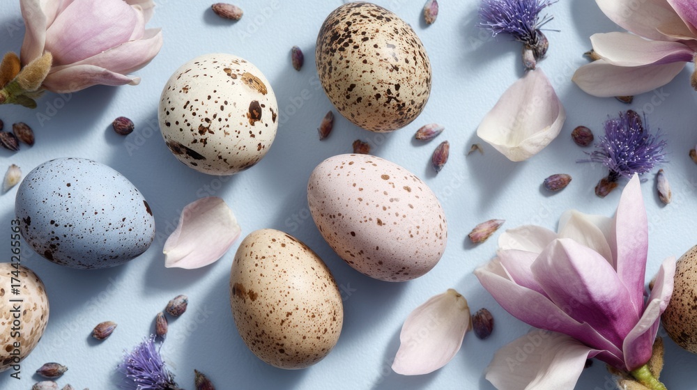 Obraz premium Easter Eggs and Flowers Composition on a Light Blue Background Overhead View