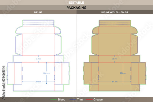 Flip top boxes with zipper dieline, editable packaging template with folding structure and professional die line layout for secure retail and shipping presentation
