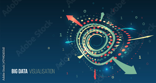 Abstract visualization of big data with colorful spirals, binary code, and arrows on a dark blue background. Concept of analytics, technology, and digital information flow. Data structuring.
