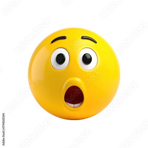 A bright yellow 3D emoji with wide eyes and open mouth, showing surprise or shock