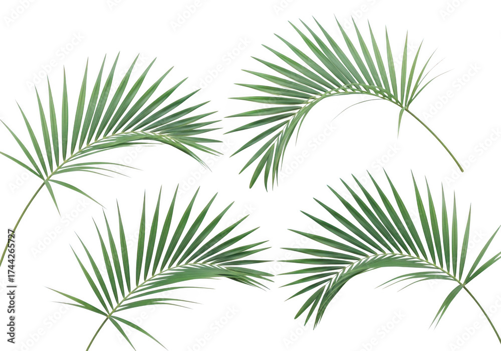 Fototapeta premium Tropical green palm fronds arranged artistically on a dark canvas background isolated on transparent background