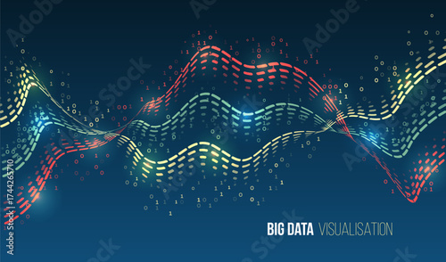 A colorful wave of binary code and glowing dots in the form of graphs symbolizing big data visualization, analytics and information flow on a dark digital background.