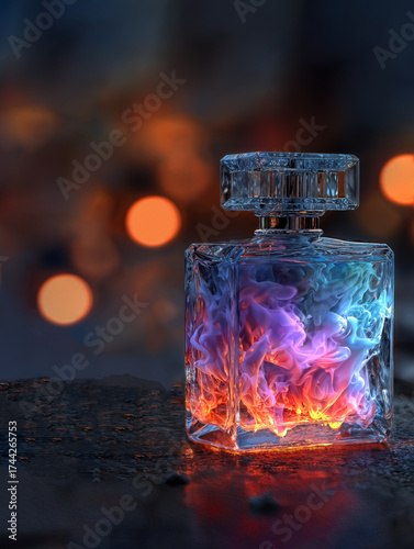 Close-up of a faceted glass perfume bottle glowing from within with bright red, orange, and blue lights against a dark background for advertising and cosmetics.