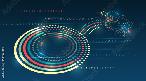 Futuristic data flow illustration with colorful circular patterns and binary code on a dark background. Concept of artificial intelligence, big data, and digital technology.