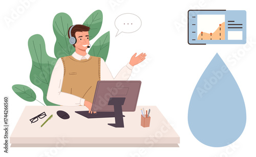 Man with headset speaking during a virtual presentation at desk. Includes data graph, plants, and water drop. Ideal for communication, education, technology, environment, teamwork analytics