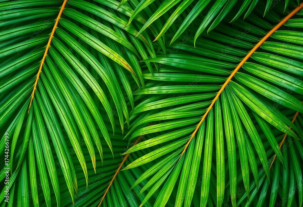 Fototapeta premium Intricate tropical palm leaf pattern, textured background, overhead view, texture