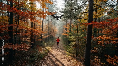 Running Through Autumn Forest Being Filmed by Drone Outdoor Activity