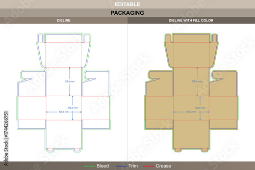 Front opening flip top box packaging template in custom dimensions featuring editable carton dieline, detailed folding mockup structure, and accurate packaging die line setup