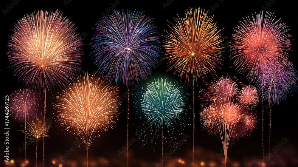Fototapeta premium A display of colorful fireworks against the dark night sky above city.