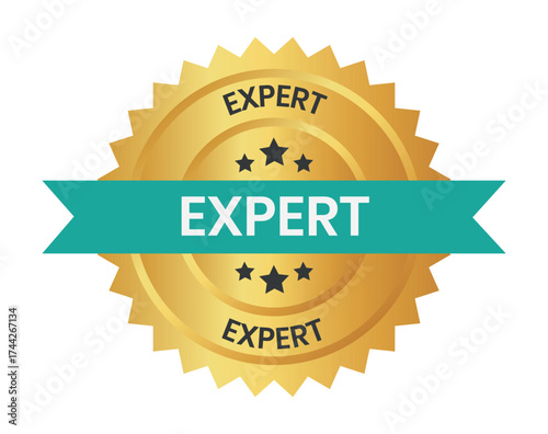 expert. expert round blue and gold label isolated on transparent background. expert logo, label, sign, badge, symbol, banner, line, flat vector, isolated illustration.