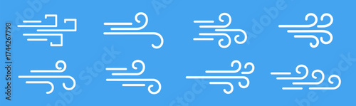 Wind and air flow icon. Blowing wind outline icons. Windy weather symbol,
