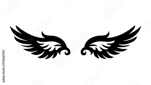 Two stylized black wings symmetrically arranged on a white background with detailed feathering design