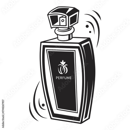 Illustration of a black and white perfume bottle with a decorative label and abstract swirls around it