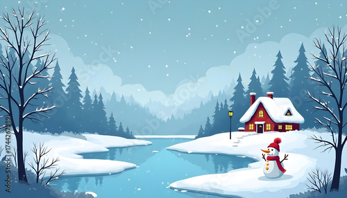  Winter landscape with snow and cozy house. Snowy vector landscape with pine trees, snowman, and warm house under night sky.