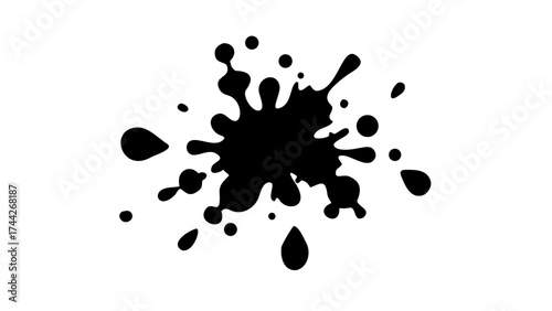 Black ink blot with splatters and droplets creating an abstract design on a white background illustration
