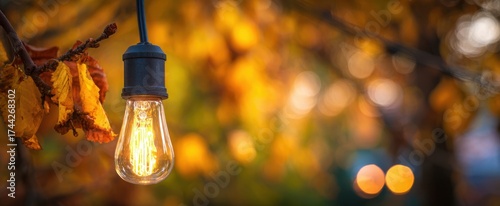 The Light Bulb Hanging from an Autumn Tree Branch with Warm Bokeh Background
