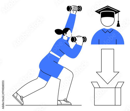 Woman lifting dumbbells in active lunge pose, academic cap icon, and box with arrow. Ideal for education, fitness, progress, success, personal growth productivity and accomplishment. Simple flat