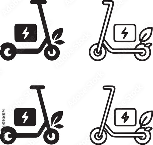 Electric scooter icon set, e scooter icon, eco transport vehicle symbol, electric scooter vector, minimal design scooter icon, eco scooter icon for urban mobility and transport