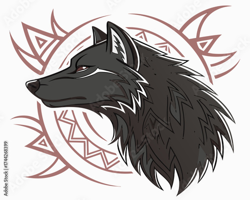 Illustration of a wolf head in profile with tribal design background in shades of black and brown colors