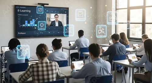 Students in classroom watching e learning presentation on interactive whiteboard screen during lecture