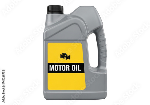 Motor oil container with yellow label automotive lubricant for vehicle engine maintenance and performance isolated on transparent background