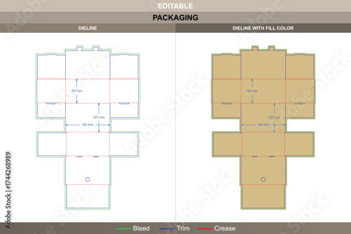 Polygonal mortise lock flip boxes dieline, custom packaging template with fold and die line guidance for unique product presentation and retail display